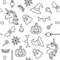 Halloween things and unicorn black outline seamless pattern