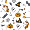 Halloween things unicorn cute doodle seamless pattern