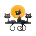 Halloween three black cat and orange moon,water color painting picture