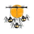 Halloween three black spider and orange moon,water color painting picture