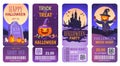 Halloween tickets. Helloween film ticket design, movie party invite coupon horror flyer tag creepy headstone background