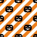 Halloween tile vector pattern with black pumpkin on white and orange stripes background Royalty Free Stock Photo