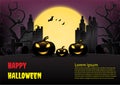 Halloween town background with pumpkin and full moon. Vector illustration