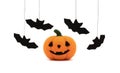 Halloween toy pumpkin and bats made of wool. Felted Halloween pumpkin. Jack o lantern pumpkin head and bat isolated on white Royalty Free Stock Photo