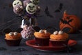 Halloween treat - bright sweet cakes in the shape of bats, cake pops skeletons and monsters with chocolate on dark Royalty Free Stock Photo