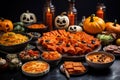 Halloween treat and snack. Scary dinner party. Delicious autumn meals on table. Nachos with cheese sauce, pasta, julienne and