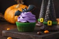 Halloween treats - cupcake, cookie bat and wafer witch hats