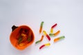 Halloween treats gummy worms in pumpkin bowl. Colorful jelly candies on white background. Top view Royalty Free Stock Photo