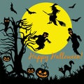 Halloween Tree Flying Witch Ghost over Moon Night Royalty Free Stock Photo