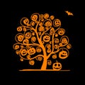 Halloween tree with pumpkins, sketch for your