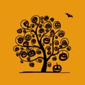 Halloween tree with pumpkins, sketch for your