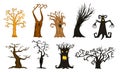 Halloween trees, creepy or scary and frightening branches. fabulous mythical or fantastic monsters. wooden creatures in