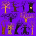 Halloween trees, creepy or scary and frightening branches. fabulous mythical or fantastic monsters. wooden creatures in