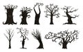 Halloween trees, creepy or scary and frightening branches. fabulous mythical or fantastic monsters. wooden creatures in