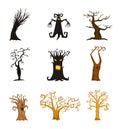 Halloween trees, creepy or scary and frightening branches. fabulous mythical or fantastic monsters. wooden creatures in