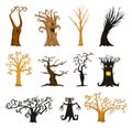 Halloween trees, creepy or scary and frightening branches. fabulous mythical or fantastic monsters. wooden creatures in