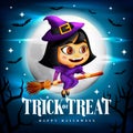 Halloween Trick or Treat Background and Cute Flying Witch Character on her Broom in the Midnight with Flying Bats. Vector Royalty Free Stock Photo