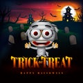 Halloween Trick or Treat Background and Funny Mummy Character in the Cemetery with Haunted House Illustration. Vector Royalty Free Stock Photo