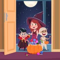 Halloween trick or treat background. Kids in halloween costumes with candies in doorway. Spooky october holliday vector