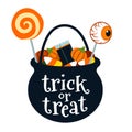 Halloween trick or treat black cauldron bucket full of candy vector cartoon illustration isolated on white. Lollipops, candy corn Royalty Free Stock Photo