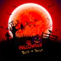 Halloween Trick Or Treat Blood Moon With Scary Pumpkin Bat Owl Cobweb Tree Cross Royalty Free Stock Photo