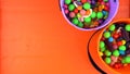 Halloween Trick or Treat candy overhead jack-o-lantern buckets Royalty Free Stock Photo