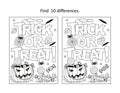 Halloween `Trick or treat!` find the differences picture puzzle and coloring page Royalty Free Stock Photo