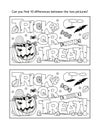 Halloween `Trick or treat!` find the differences picture puzzle and coloring page