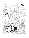 Halloween `Trick or treat!` greeting dot-to-dot picture puzzle and coloring page, poster, sign or banner black and white activity Royalty Free Stock Photo