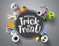 Halloween trick or treat greeting vector background template. Halloween trick or treat text in black circle. Royalty Free Stock Photo