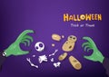 Halloween, trick or treat, hand of witch close up create skeleton and voodoo doll, greeting card, cartoon horror gothic style Royalty Free Stock Photo