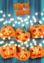 Halloween trick or treat realistic flyer or brochure design. Hanging pumpkins and lights garland over blue paint wooden board back