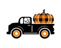 Halloween truck silhouette with buffalo plaid orange pumpkin. Automobile with autumn harvest isolated on white background.