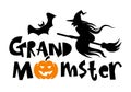 Halloween typography logo design with quote - Grandmomster with pumpkin, witch and bat