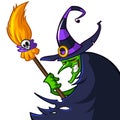 Halloween ugly witch in a hat with a broom on white background. Vector illustration