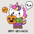 Halloween unicorn cartoon wear Frankenstein costume party hug pumpkin (kawaii animals). Royalty Free Stock Photo