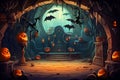 Halloween vector background portraying a witch\'s lair with bubbling cauldrons, spellbooks, Generated AI Royalty Free Stock Photo