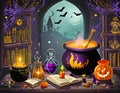 a Halloween vector background portraying a witch\'s lair with bubbling cauldrons, spellbooks, and magical artifacts Royalty Free Stock Photo