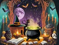 a Halloween vector background portraying a witch\'s lair with bubbling cauldrons, spellbooks, and magical artifacts Royalty Free Stock Photo