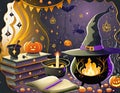 a Halloween vector background portraying a witch\'s lair with bubbling cauldrons, spellbooks, and magical artifacts Royalty Free Stock Photo