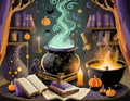 a Halloween vector background portraying a witch\'s lair with bubbling cauldrons, spellbooks, and magical artifacts Royalty Free Stock Photo