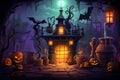 Halloween vector background portraying a witch\'s lair with bubbling cauldrons, spellbooks, Generated AI Royalty Free Stock Photo