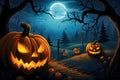 a Halloween vector background with a pumpkin patch bathed in the glow of jack-o\'-lanterns, Generated AI Royalty Free Stock Photo