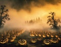 a Halloween vector background with a pumpkin patch bathed in the glow of jack-o\'-lanterns and a starry night sky Royalty Free Stock Photo