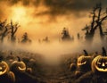 a Halloween vector background with a pumpkin patch bathed in the glow of jack-o\'-lanterns and a starry night sky Royalty Free Stock Photo