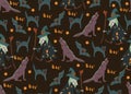 Halloween vector background. Seamless pattern with cute and fun Halloween characters Witch, Vampire, Pumpkin Jack o Lantern, Royalty Free Stock Photo