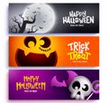 Halloween vector background set design. Happy halloween trick or treat text with pumpkin, skull and night yard horror collection. Royalty Free Stock Photo