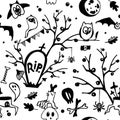 Halloween vector black and white seamless pattern with owls, ghosts, bats, spiders, skulls and trees. Royalty Free Stock Photo