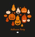 Halloween vector card with angry pumpkins. Decorative banner with group of funny pumpkins. Set with vector silhouettes. Royalty Free Stock Photo