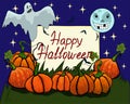 Halloween vector illustration, ghost, moon and pumpkins